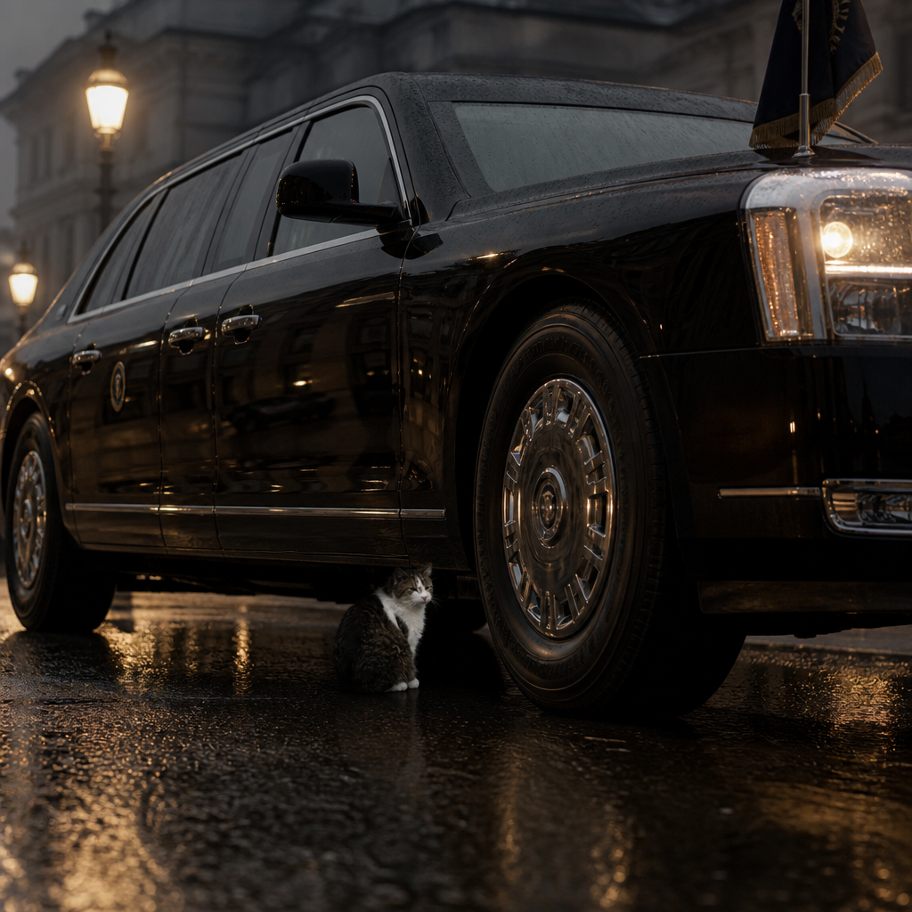 Larry sitting underneath a black armored limousine