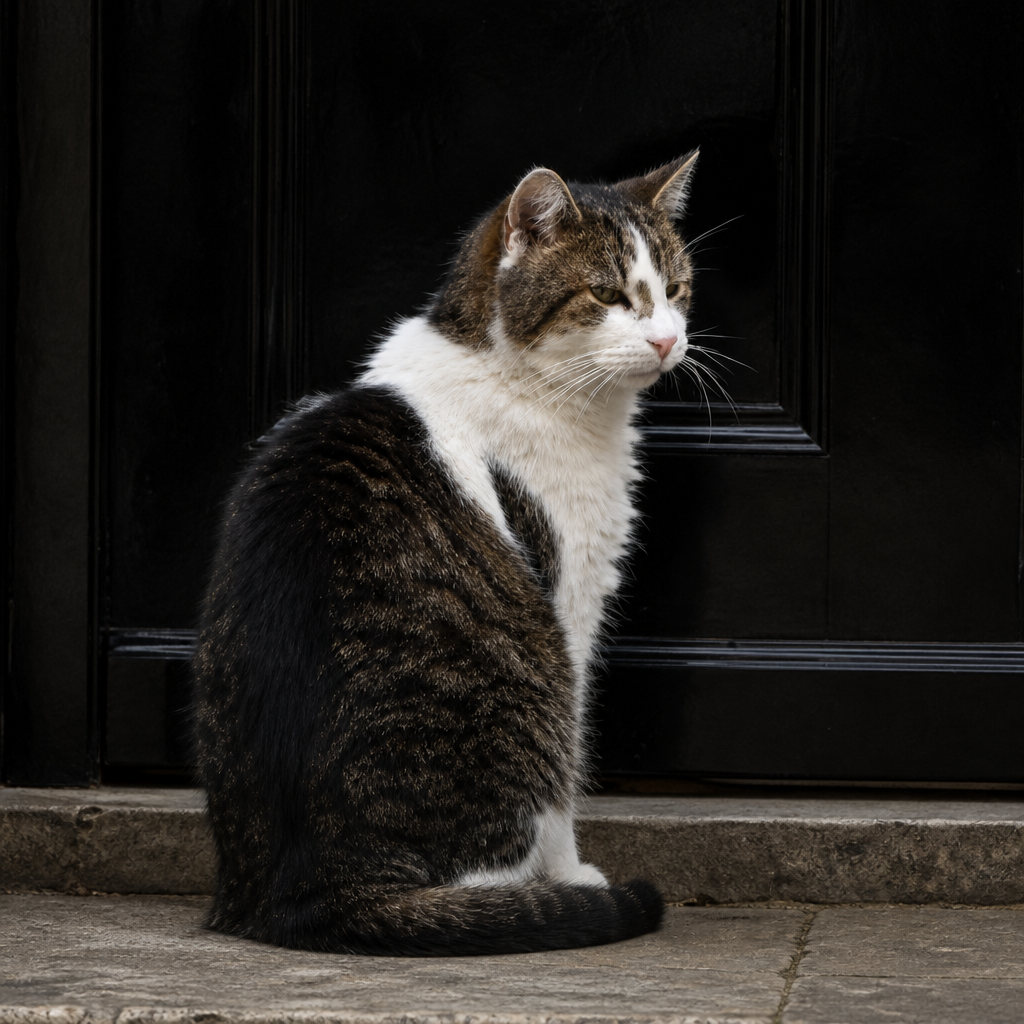 Larry sitting on the glossy black doorstep
