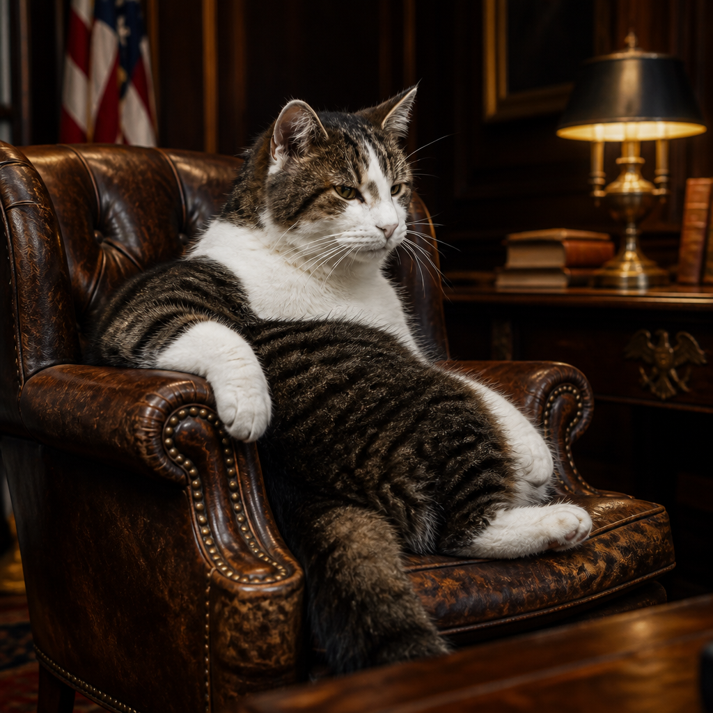 Larry lounging on an antique armchair
